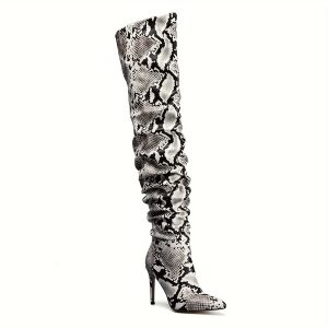 Women's Pointed Toe Snakeskin Knee High Boots, Stylish & Sexy Pleated Heels