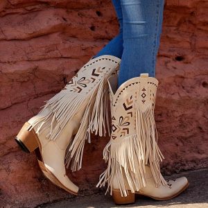 Women's Fashion Mid-Calf Cowgirl Boots, Chunky Mid Heel, Pointed Toe, Faux Leather, Western Cowboy Style, Mature Footwear