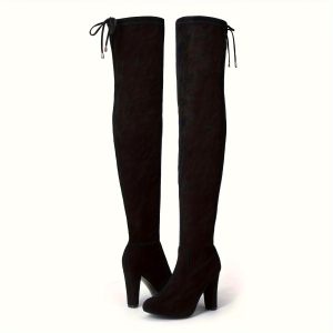 Women's Block Heeled Over The Knee Boots, Solid Color Platform Back Lace Up Thigh High Boots, Fashion Side Zipper Long Boots