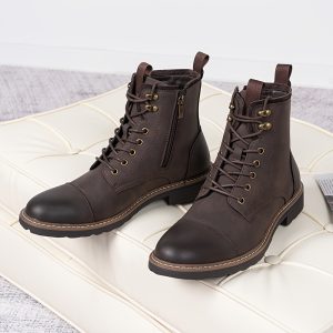 Men's Solid Cap Toe Dress Boots with PU Leather Uppers, Wear-Resistant Non-Slip Lace-Up High Top Boots for Men's Outdoor Activities