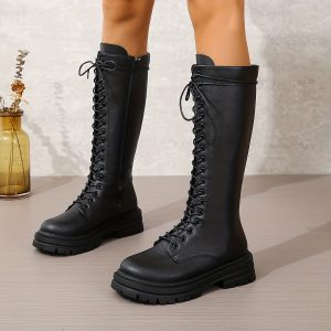 Women's Lace-Up Platform Boots with Faux Leather, Comfortable Side Zipper, Solid Color