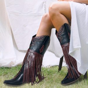 Women Western Boots Mid Calf Boots Buckle Strap Cowgirl Boots Chunky Heel Fashion Pointed Toe Knee High Embroidered Boots Pull On Fringe Boots For Women