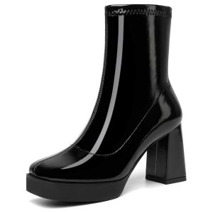 GoGo Boots For Women, Ankle Platform Booties, Square Toe Chunky High Heels Boots, Side Zipper Party Short Boots