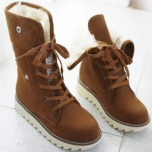 Women's Solid Color Platform Boots, Fashion Plush Lined Lace Up Boots, Comfortable Winter Boots