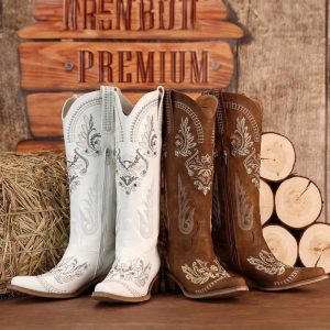 White Cowboy Boots for Women - Wide Calf Sparkly Cowgirl Boots, Women's Knee High Western Rhinestone Boots, Glitter Sparkle Ladies Country Boots with Classic Embroidery, Pointed Toe Pull On Zipper Stitching Retro Fashion Tall