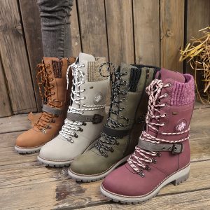 Women's Solid Color Trendy Boots, Side Zipper Buckle Belt Knitted Rim Boots, Non-slip Mid-Calf Winter Boots