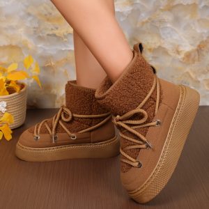 Women's Cozy Fleece-Lined Ankle Boots - Solid Color, Lace-Up, Thick Sole for Winter Comfort