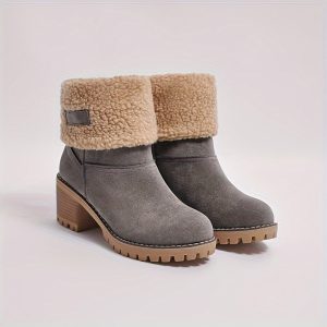 Winter Boots For Women, Comfortable Slip On Mid Chunky Heel Suede Warm Snow Ankle Boots Outdoor Shoes