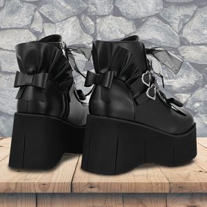 Women's Punk Style Wedge Ankle Boots, Goth-Inspired Platform Combat Booties, Heart Buckle Zipper Closure Motorcycle Boots