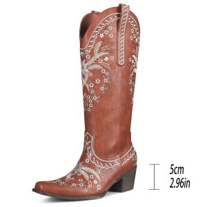 Western Cowboy Boots, Cowgirl Chunky Heel Mid Calf Boot, Snip Toe Embroidery Riding Boots