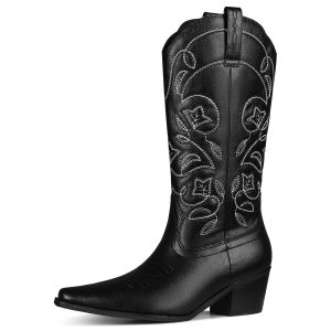 Cowgirl Boots For Women, Pointed Toe Chunky Heel Cowboy Boots Western Style Embroidery Floral Mid Calf Boots