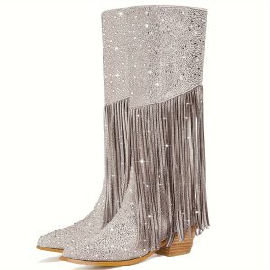 Women's Rhinestone Tassel Knee High Cowboy Boots Western Over The Knee Women's Cowboy High Boots Women's Pointed Toe Low Thick Stacked Heel Shoes